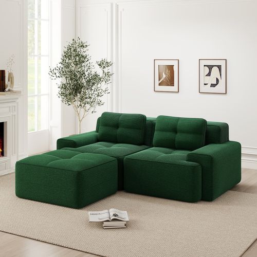 Canapé Modulable En L Sans Accoudoirs, Velours Côtelé Confortable, Pouf Inclus, Vert