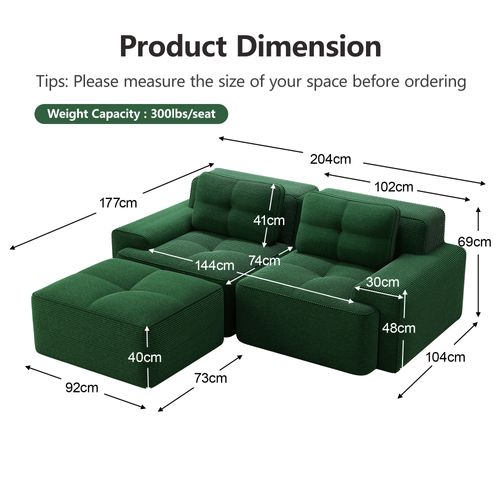 Canapé Modulable En L Sans Accoudoirs, Velours Côtelé Confortable, Pouf Inclus, Vert
