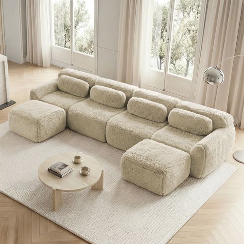 Canapé Modulable 4 Places U-forme En Peluche, Modules Flexibles, Sans Montage, Chaise Longue, Kaki