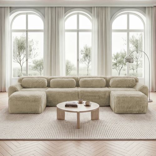 Canapé Modulable 4 Places U-forme En Peluche, Modules Flexibles, Sans Montage, Chaise Longue, Kaki