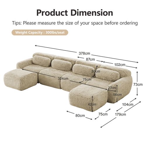 Canapé Modulable 4 Places U-forme En Peluche, Modules Flexibles, Sans Montage, Chaise Longue, Kaki