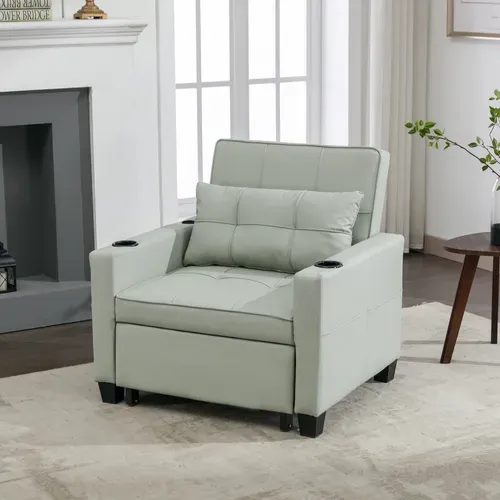 Fauteuil Convertible 3-en-1 Vert Clair Avec Fonction Lit, Inclinaison Réglable, Porte-gobelets