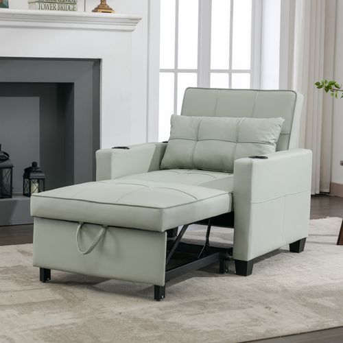 Fauteuil Convertible 3-en-1 Vert Clair Avec Fonction Lit, Inclinaison Réglable, Porte-gobelets