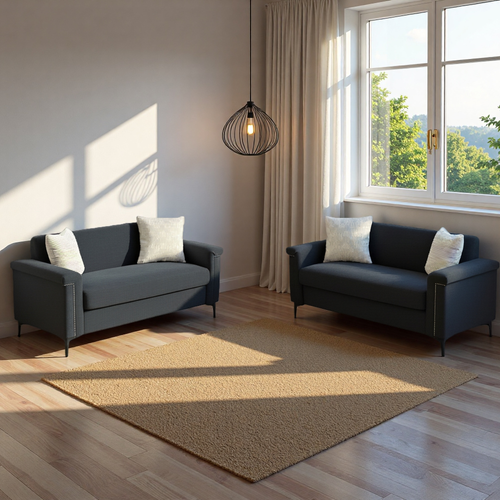 Canapé 2 Places Compact 172 Cm En Lin Noir, Structure Bois Massif, Pieds Métal, Confort, Lot De 2