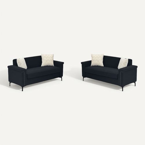 Canapé 2 Places Compact 172 Cm En Lin Noir, Structure Bois Massif, Pieds Métal, Confort, Lot De 2