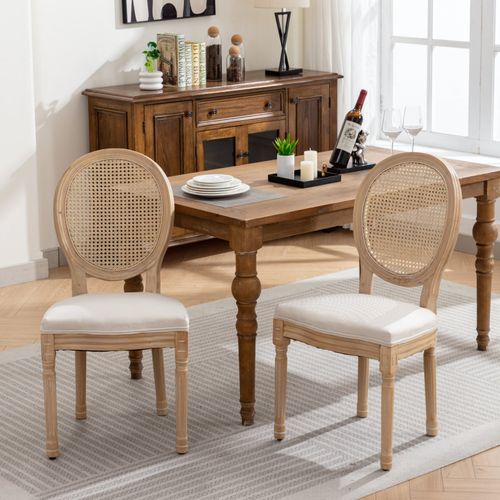 Lot De 2 Chaises De Salle à Manger Style Français Avec Dossier En Rotin, Beige