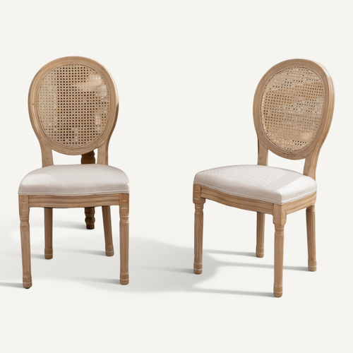 Lot De 2 Chaises De Salle à Manger Style Français Avec Dossier En Rotin, Beige