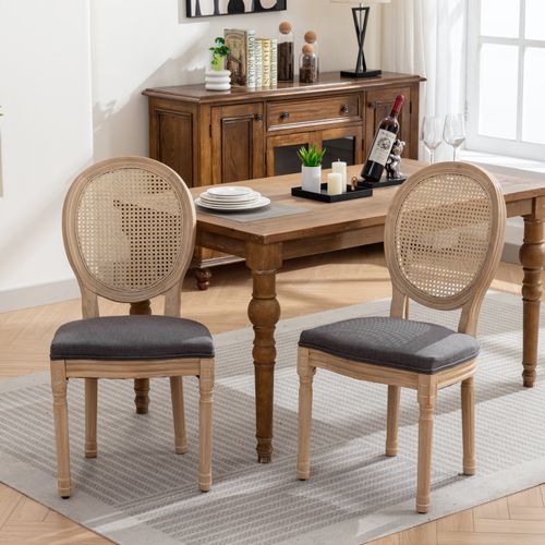 Lot De 2 Chaises De Salle à Manger Style Français Avec Dossier En Rotin, Gris