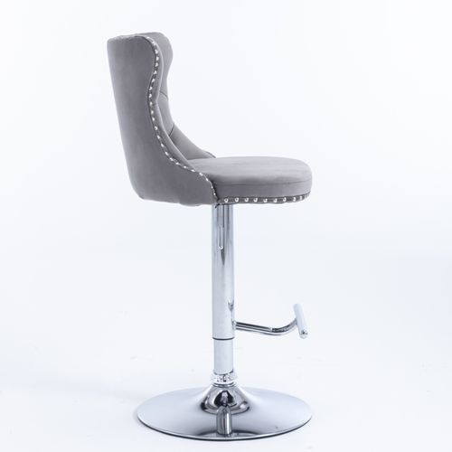 Lot De 2 Tabourets De Bar Pivotants En Velours Gris, Hauteur Réglable 63–84 Cm, Base Chrome Large