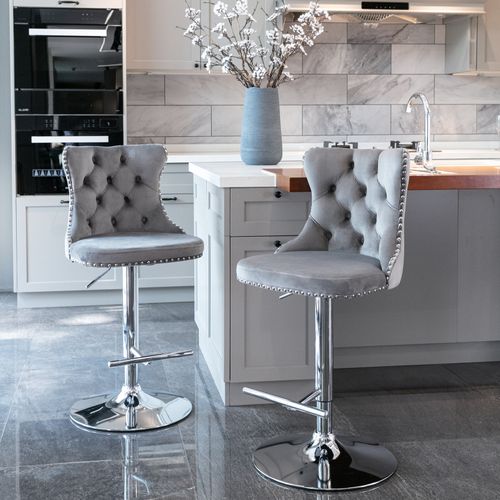 Lot De 2 Tabourets De Bar Pivotants En Velours Gris, Hauteur Réglable 63–84 Cm, Base Chrome Large