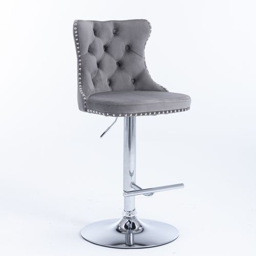 Lot De 2 Tabourets De Bar Pivotants En Velours Gris, Hauteur Réglable 63–84 Cm, Base Chrome Large