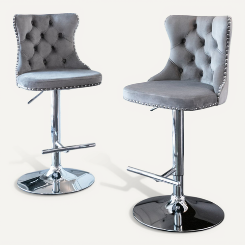 Lot De 2 Tabourets De Bar Pivotants En Velours Gris, Hauteur Réglable 63–84 Cm, Base Chrome Large