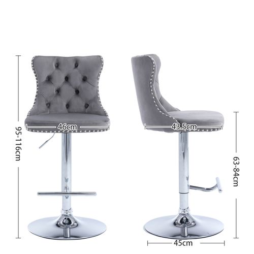 Lot De 2 Tabourets De Bar Pivotants En Velours Gris, Hauteur Réglable 63–84 Cm, Base Chrome Large