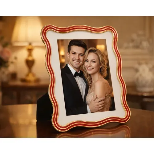 Cadre Photo Elizabeth Rouge Et Or 20x25 Cm En Zinc Et Verre – Design Courbes élégant