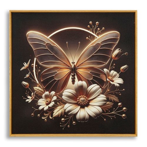 Tableau Sur Toile Papillon Doré Avec LED Et Cadre En Bois – 50x50 Cm