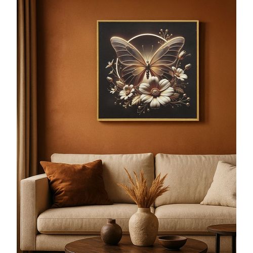 Tableau Sur Toile Papillon Doré Avec LED Et Cadre En Bois – 50x50 Cm