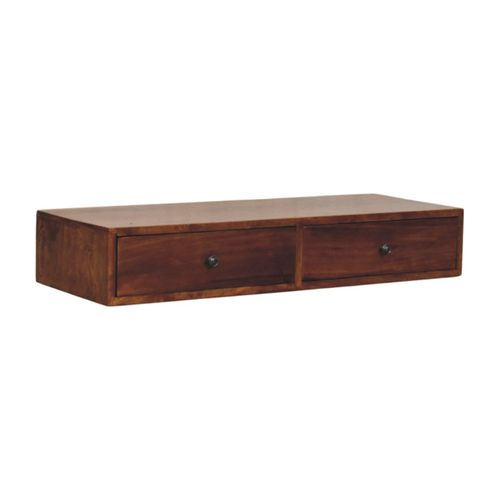 Console Murale En Bois De Manguier Massif Avec 2 Tiroirs, Finition Châtaigne, Design Compact 88x32cm