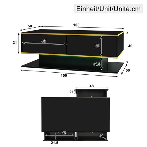 Table Basse LED Moderne Noir Brillant 100 Cm Avec Décor Doré, 3 Tiroirs Et éclairage USB Intégré