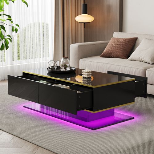 Table Basse LED Moderne Noir Brillant 100 Cm Avec Décor Doré, 3 Tiroirs Et éclairage USB Intégré