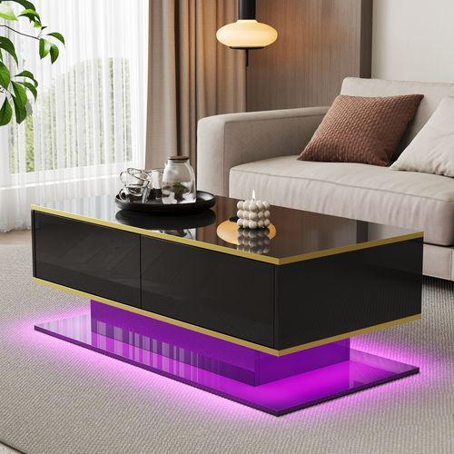 Table Basse LED Moderne Noir Brillant 100 Cm Avec Décor Doré, 3 Tiroirs Et éclairage USB Intégré