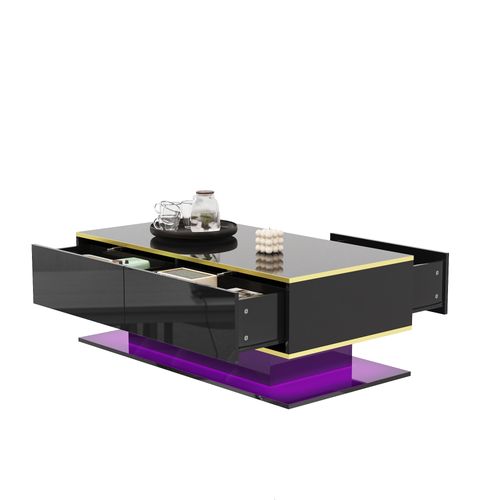 Table Basse LED Moderne Noir Brillant 100 Cm Avec Décor Doré, 3 Tiroirs Et éclairage USB Intégré