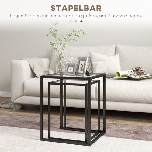 Set De 2 Tables D’appoint Empilables Modernes, Cadre Acier Noir Et Plateau Verre Trempé