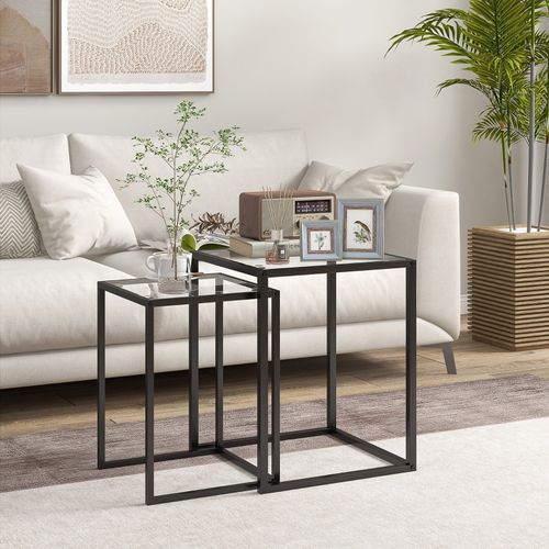 Set De 2 Tables D’appoint Empilables Modernes, Cadre Acier Noir Et Plateau Verre Trempé