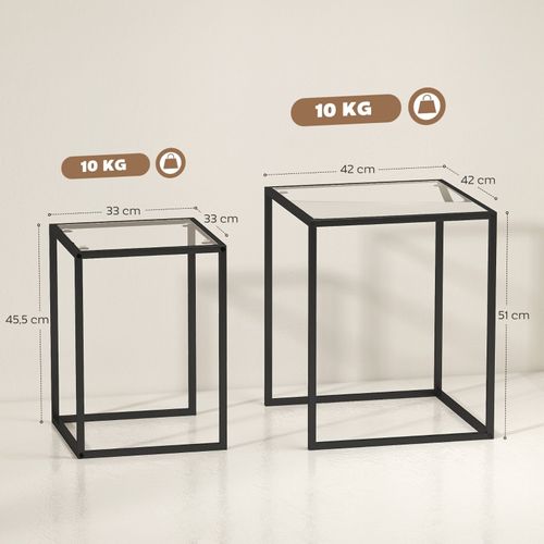Set De 2 Tables D’appoint Empilables Modernes, Cadre Acier Noir Et Plateau Verre Trempé