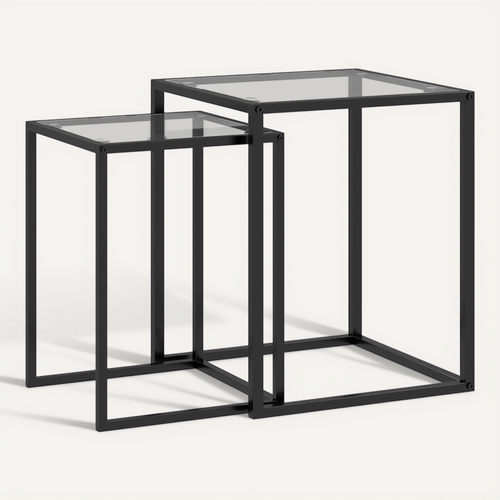 Set De 2 Tables D’appoint Empilables Modernes, Cadre Acier Noir Et Plateau Verre Trempé