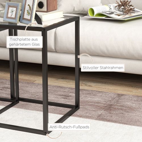 Set De 2 Tables D’appoint Empilables Modernes, Cadre Acier Noir Et Plateau Verre Trempé