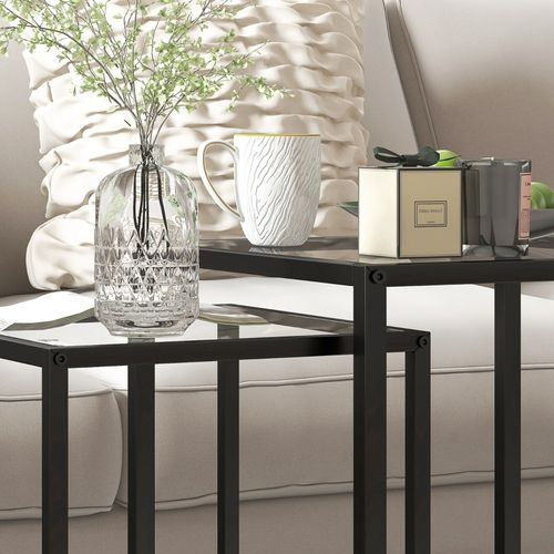Set De 2 Tables D’appoint Empilables Modernes, Cadre Acier Noir Et Plateau Verre Trempé