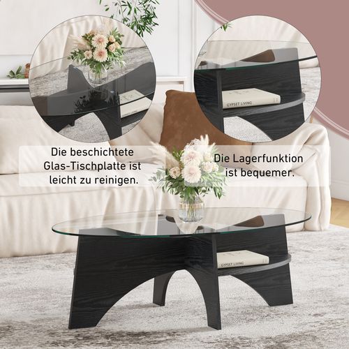 Table D'appoint Ovale 105 Cm En Verre Trempé Avec Piètement Mdf Noir Style Éventail, Design Moderne