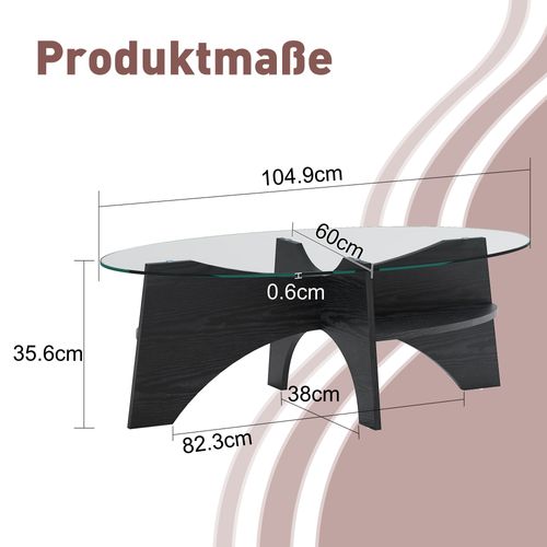 Table D'appoint Ovale 105 Cm En Verre Trempé Avec Piètement Mdf Noir Style Éventail, Design Moderne