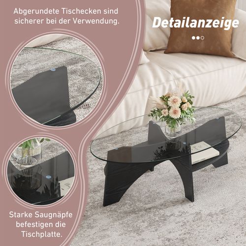 Table D'appoint Ovale 105 Cm En Verre Trempé Avec Piètement Mdf Noir Style Éventail, Design Moderne