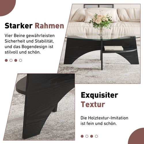 Table D'appoint Ovale 105 Cm En Verre Trempé Avec Piètement Mdf Noir Style Éventail, Design Moderne