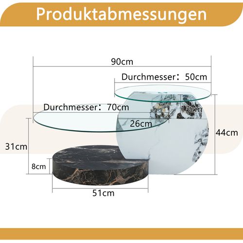 Table Basse Moderne 2 Niveaux En Verre Trempé Et Mdf Effet Marbre Noir Et Blanc, 90x70 cm