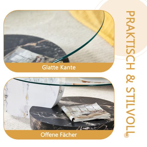 Table Basse Moderne 2 Niveaux En Verre Trempé Et Mdf Effet Marbre Noir Et Blanc, 90x70 cm