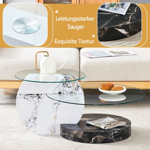 Table Basse Moderne 2 Niveaux En Verre Trempé Et Mdf Effet Marbre Noir Et Blanc, 90x70 cm