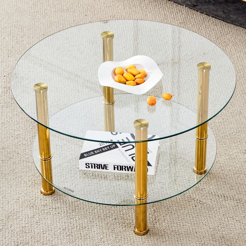 Table Basse Moderne à Deux Niveaux Avec Pieds Métalliques Dorés Et Plateaux En Verre, D. 70 cm