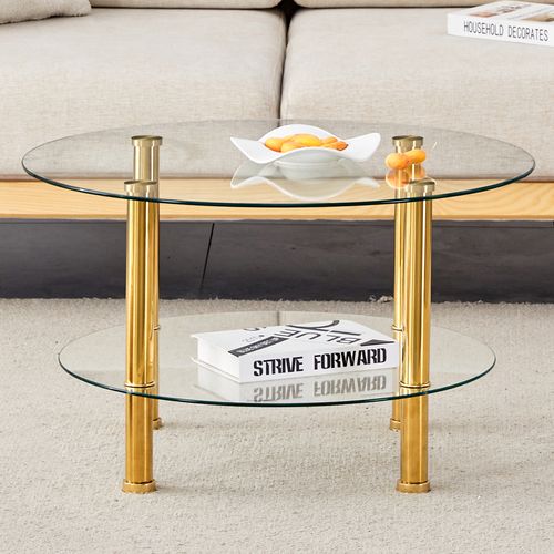Table Basse Moderne à Deux Niveaux Avec Pieds Métalliques Dorés Et Plateaux En Verre, D. 70 cm