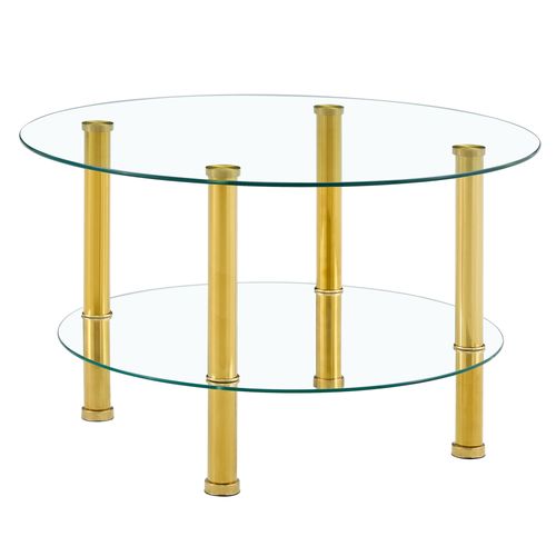 Table Basse Moderne à Deux Niveaux Avec Pieds Métalliques Dorés Et Plateaux En Verre, D. 70 cm