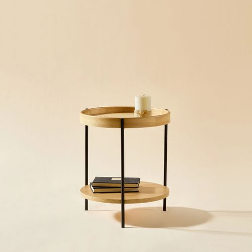 Table D'appoint Ronde à 2 Niveaux Avec Plateaux En Bois Et Structure En Fer Noir, 44x44x48 cm, Chêne