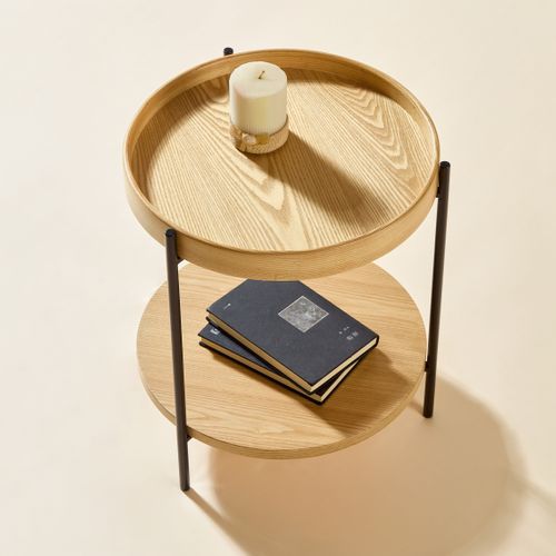 Table D'appoint Ronde à 2 Niveaux Avec Plateaux En Bois Et Structure En Fer Noir, 44x44x48 cm, Chêne