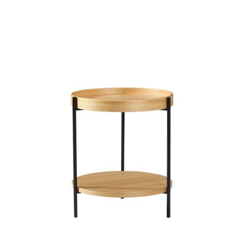 Table D'appoint Ronde à 2 Niveaux Avec Plateaux En Bois Et Structure En Fer Noir, 44x44x48 cm, Chêne