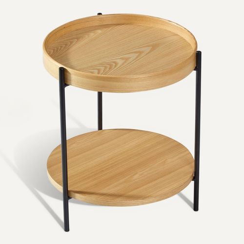 Table D'appoint Ronde à 2 Niveaux Avec Plateaux En Bois Et Structure En Fer Noir, 44x44x48 cm, Chêne