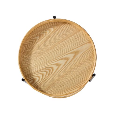 Table D'appoint Ronde à 2 Niveaux Avec Plateaux En Bois Et Structure En Fer Noir, 44x44x48 cm, Chêne