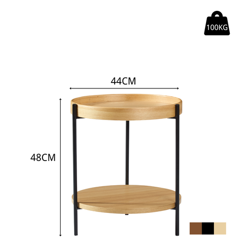 Table D'appoint Ronde à 2 Niveaux Avec Plateaux En Bois Et Structure En Fer Noir, 44x44x48 cm, Chêne