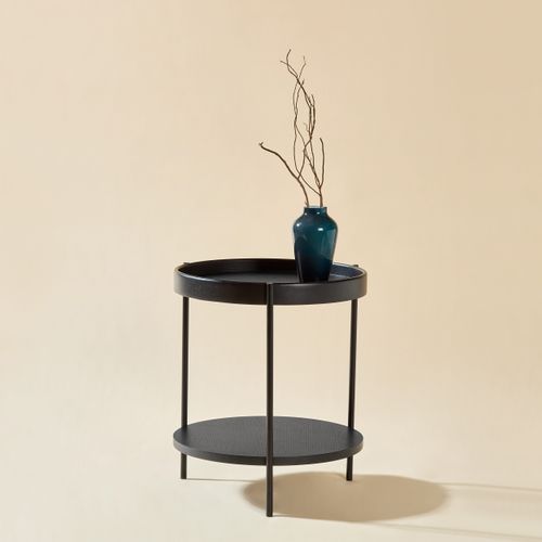 Table D'appoint Ronde à 2 Niveaux Avec Plateaux Bois Et Cadre En Fer Noir, 44x44x48 cm, Moderne