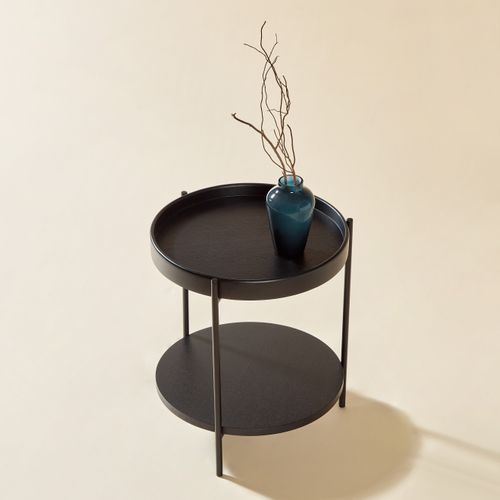 Table D'appoint Ronde à 2 Niveaux Avec Plateaux Bois Et Cadre En Fer Noir, 44x44x48 cm, Moderne