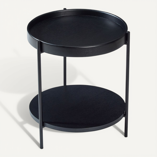 Table D'appoint Ronde à 2 Niveaux Avec Plateaux Bois Et Cadre En Fer Noir, 44x44x48 cm, Moderne